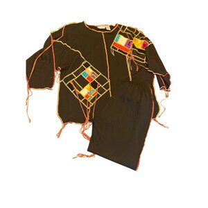 Bonnie Boer Plus 2X Womens Black 2-Piece Set Black Patchwork Fringe Multi Media